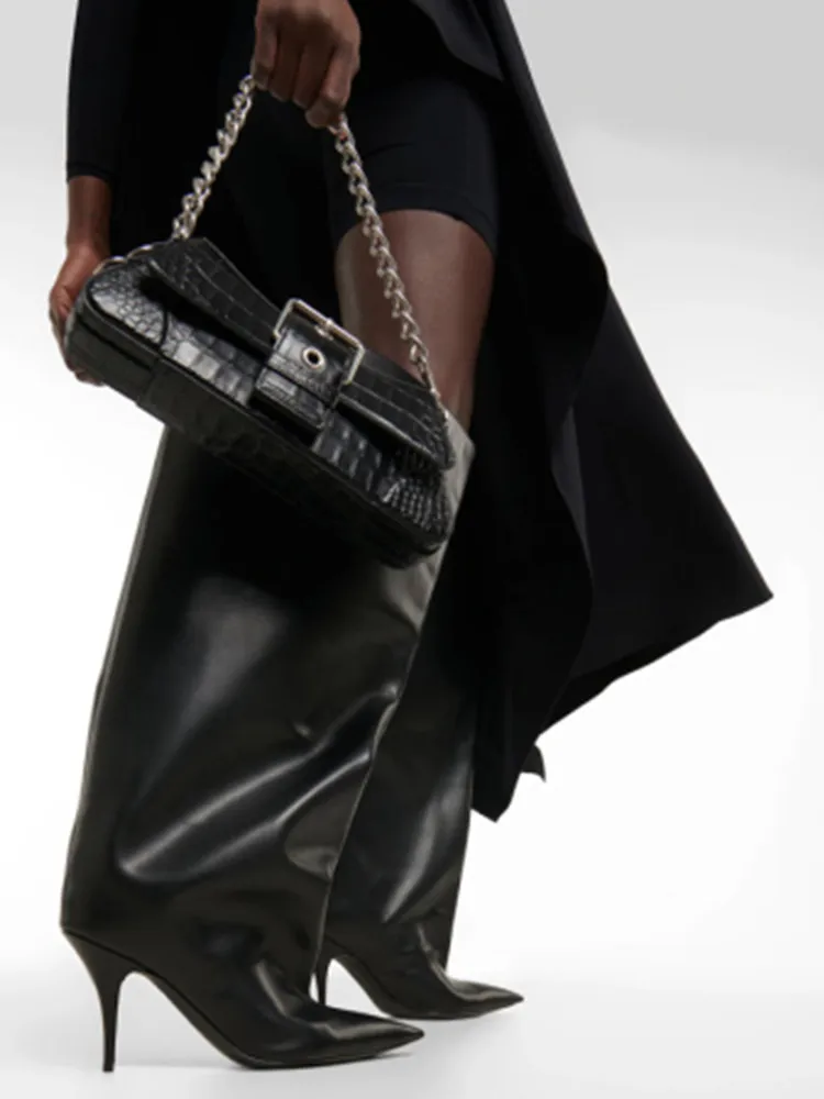 European and American New Pointed Big Cap Knee Length Boots Fashion Show Slender High Heel Sleeve 45 Medium Cap Women\'s Boots