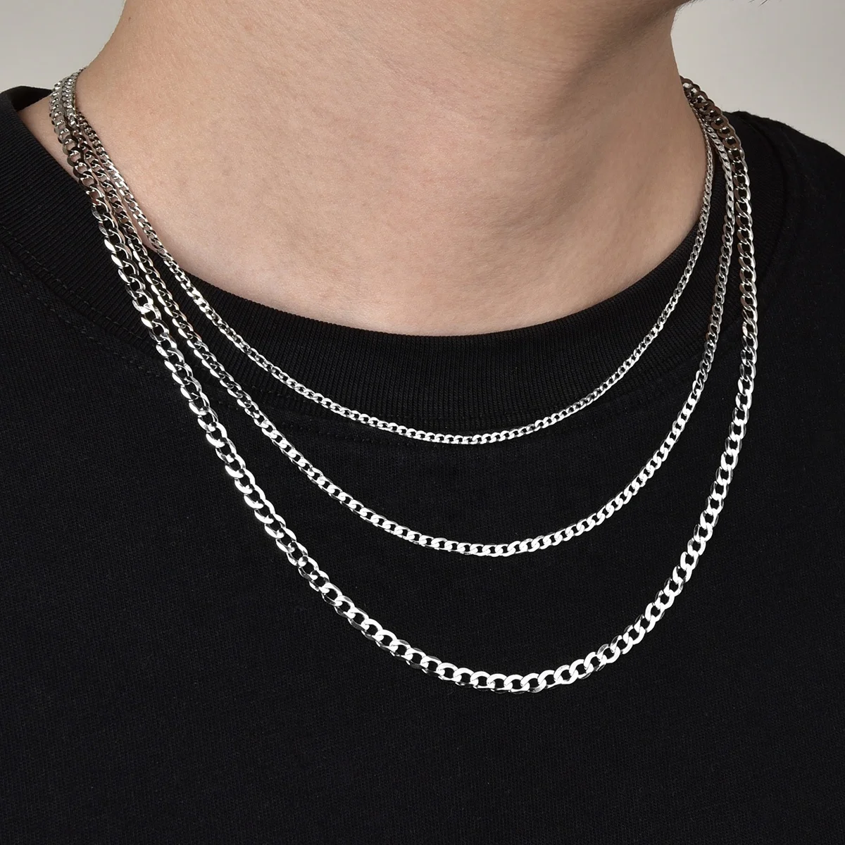 Wholesale Fine Jewelry Necklace 925 Sterling Silver Solid Flat Faceted Curb Cuban Link Chains Necklace for Women Men