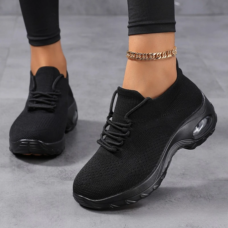 Women Air-cushion Casual Sneakers Breathable Knitted Mesh Platform Shoes Slip-on Comfort Walking Footwear Non-slip
