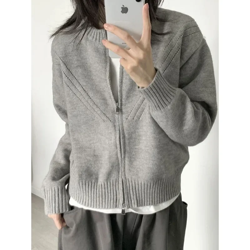 Cardigã de zíper cinza feminino, estilo coreano, suéter curto de malha, jumper casual, estética Harajuku, moda vintage, outono, novo