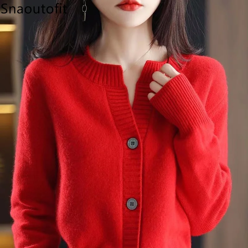 100% Wool Cardigan Women\'s long sleeve top Spring and Autumn Thin Round Neck Cashmere Sweater Loose Coat Fashion Knitted jacket