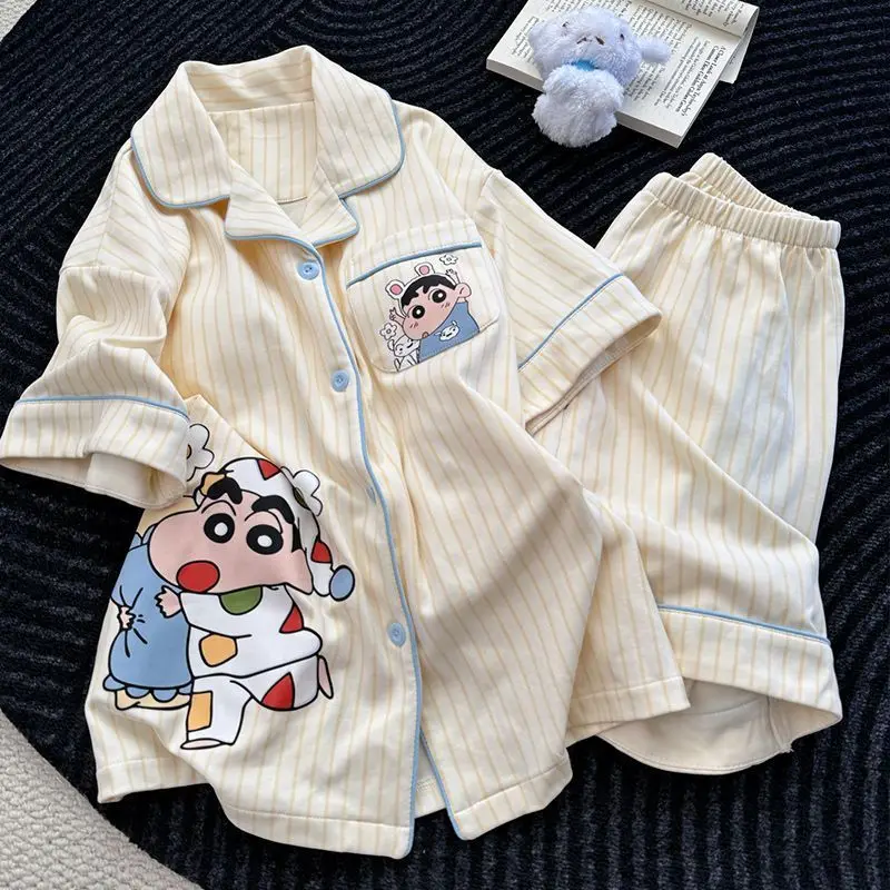 Anime Crayon Shin-Chans Pajamas Woman Summer Pure Cotton Short Sleeved Shorts Two-Piece Set Girls Cartoon Striped Homewear Set