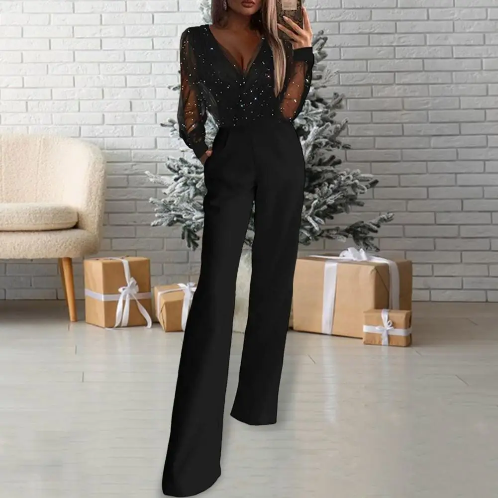 

Women V-neck Jumpsuit Long Sleeve Wide Leg Jumpsuit Women Jumpsuit Mesh Patchwork High Waist Wide Leg with Pockets V Neck