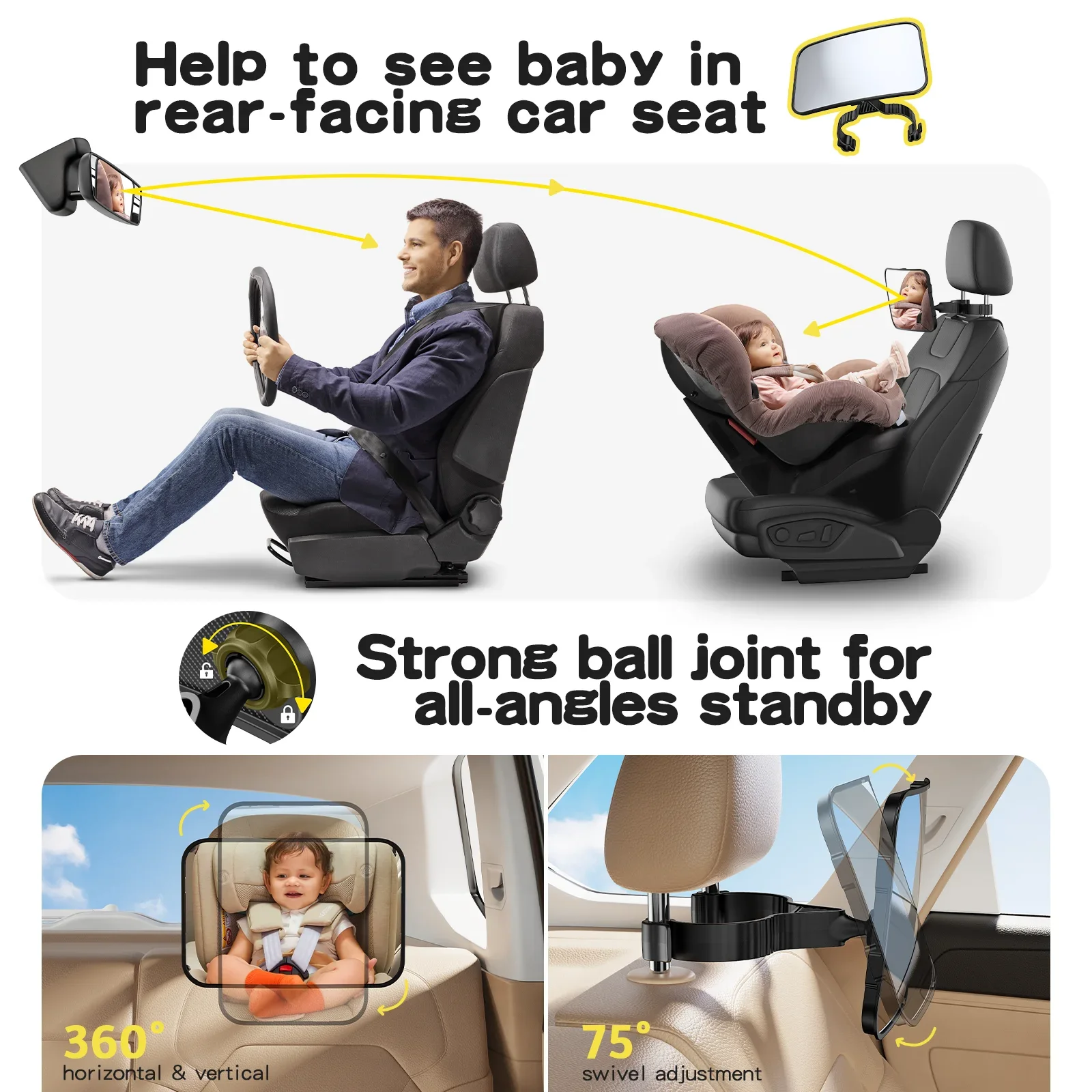 Baby Car Mirror Rearview Infant Child Monitoring Mirror for Vehicle Rear Seat Universal Fit Baby Car Mirror 6