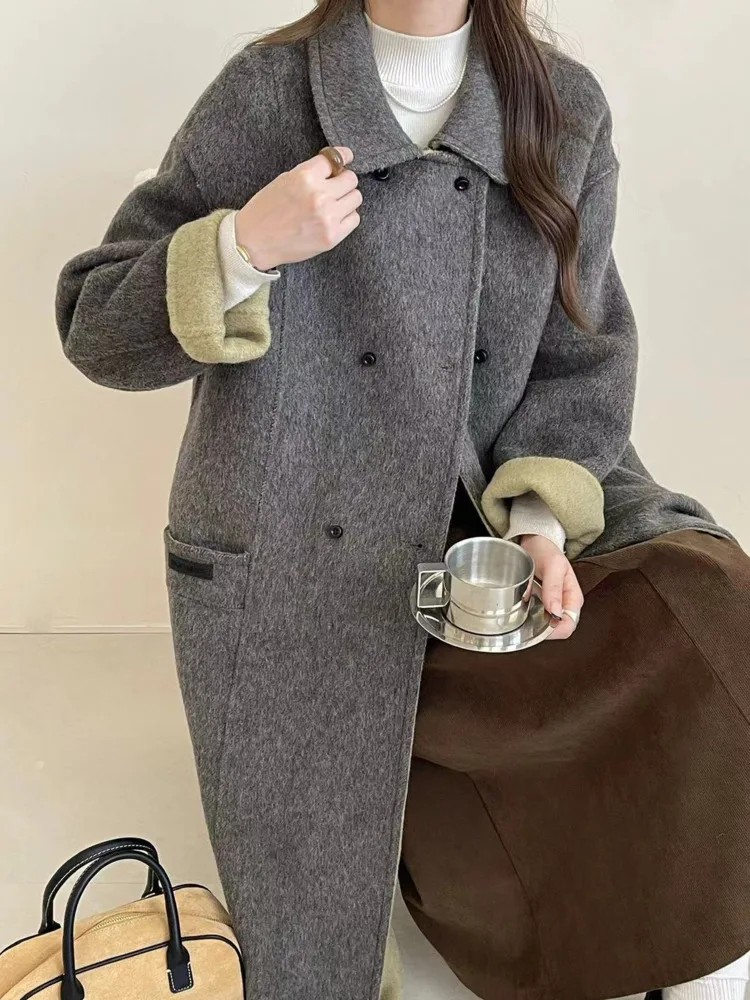 ZMEENNA femmes Double boutonnage Long manteau laine mélange vêtements d'extérieur avec revers cranté décontracté coupe ample veste ZM3967
