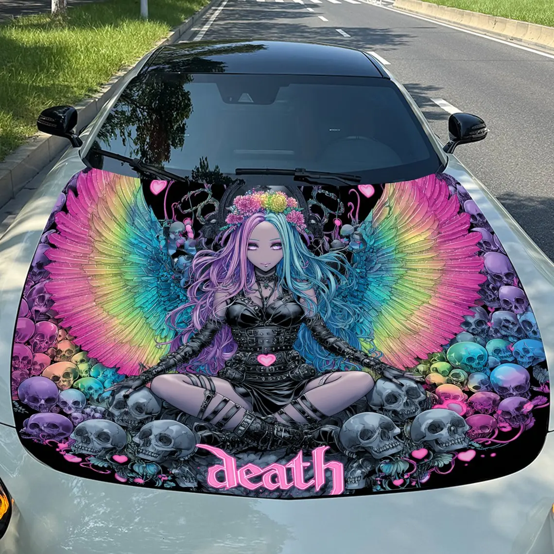 

Cool Girl Surrounded by Colorful - Winged Skulls Print car hood stickers, waterproof self-adhesive, scratch resistant, easy to s