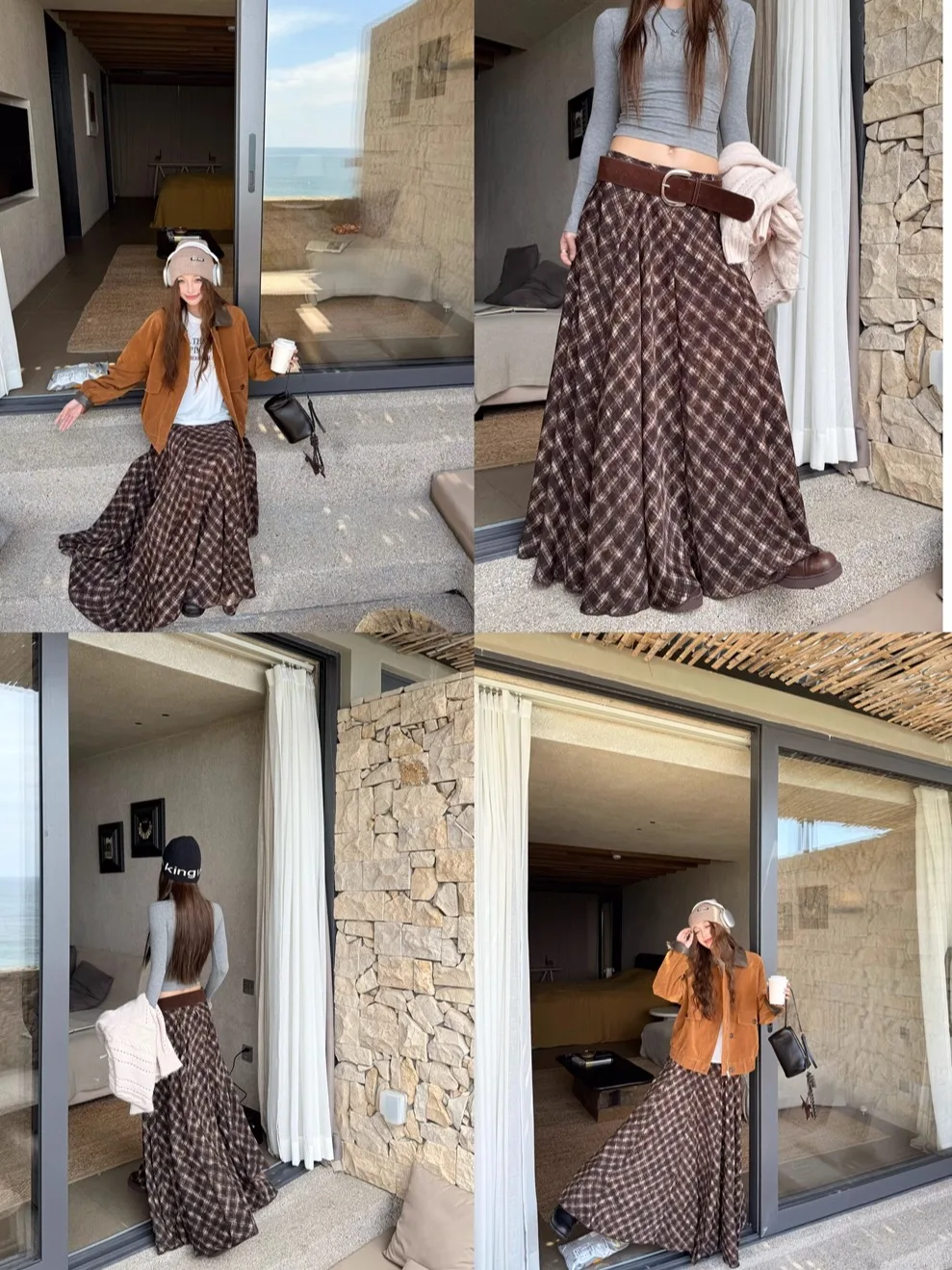 

Высокое качество, хит продаж, оптовая продажа, новая клетчатая юбка кофейного цвета в стиле ретро с высокой талией и свободным висячим клетчатым узором для женщин