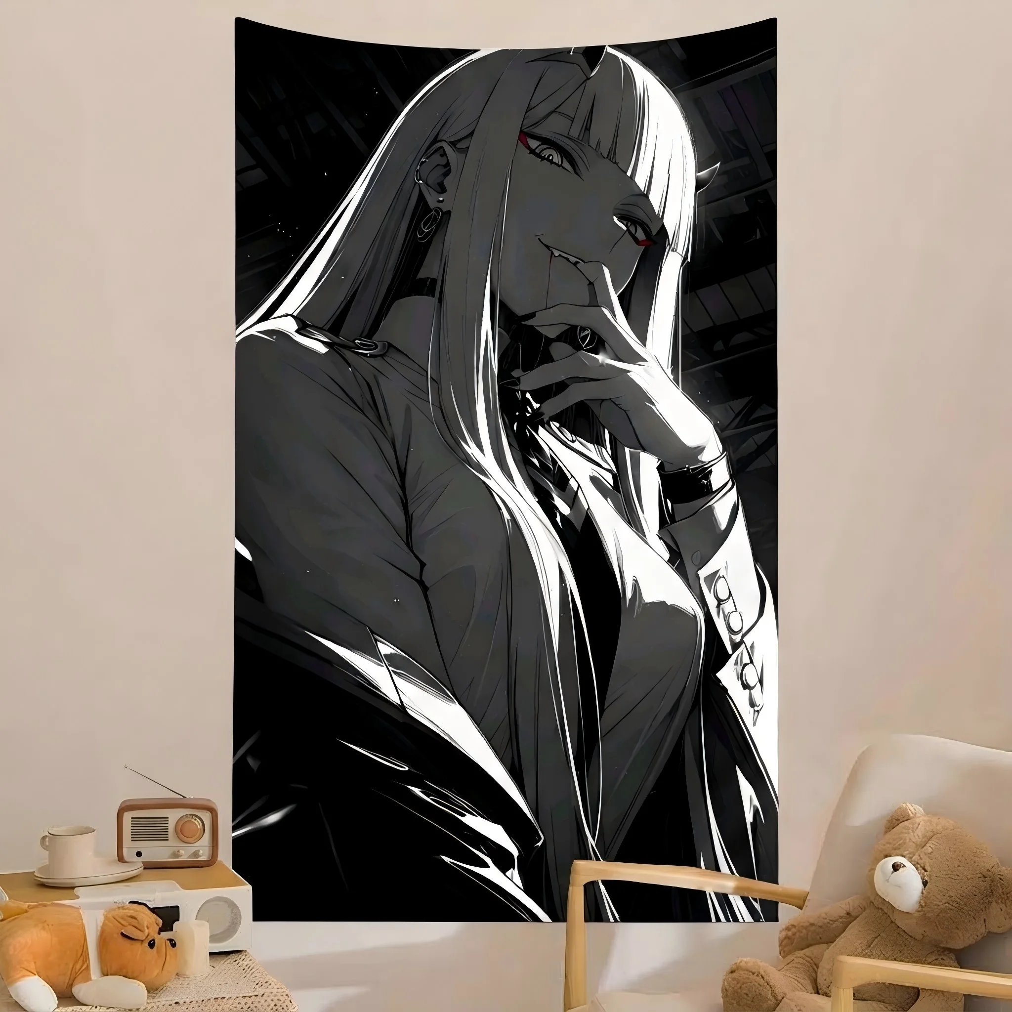 Edgy Demon Horn Anime Girl Wall Tapestry Monochrome Long White Hair Cool Art Wall Hanging Dorm Bedroom Aesthetic Home Background