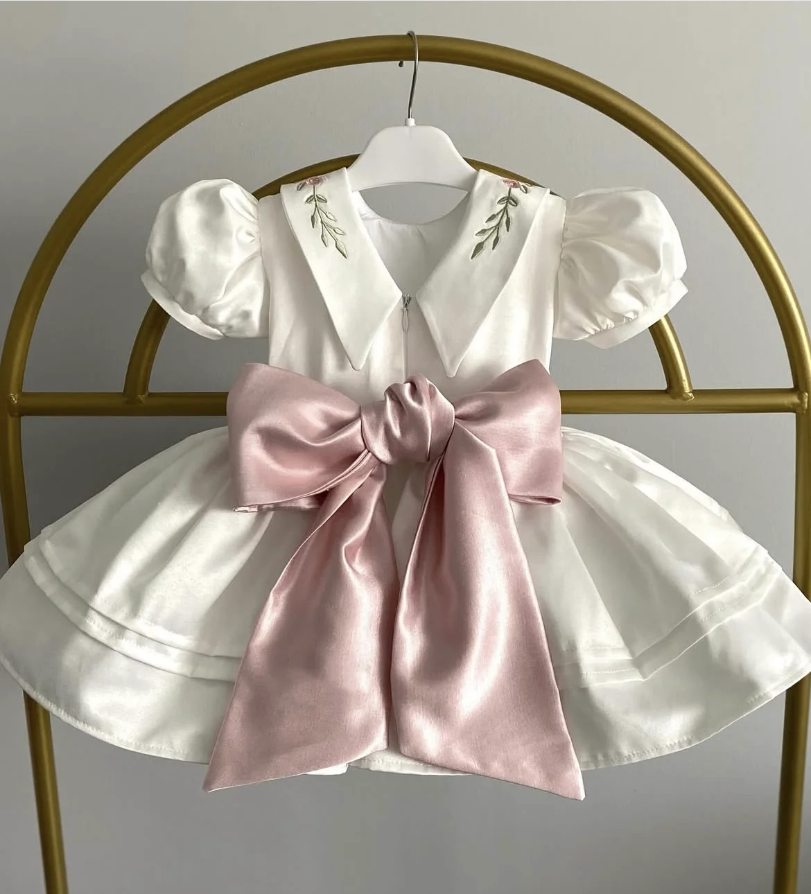 Baby Girl Summer Pink Rose Handmade Embroidery Turkish Vintage Princess White Dress for Birthday Holiday Eid Photograph B270