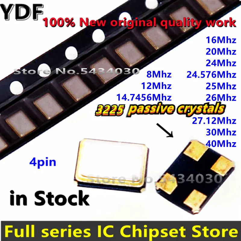 (5 قطعة) 3225 سمد السلبي الكوارتز الكريستال مذبذب 8Mhz 12Mhz 14.7456Mhz 16Mhz 20Mhz 24Mhz 24.576Mhz 25Mhz 27.12 30Mhz 40 Mhz