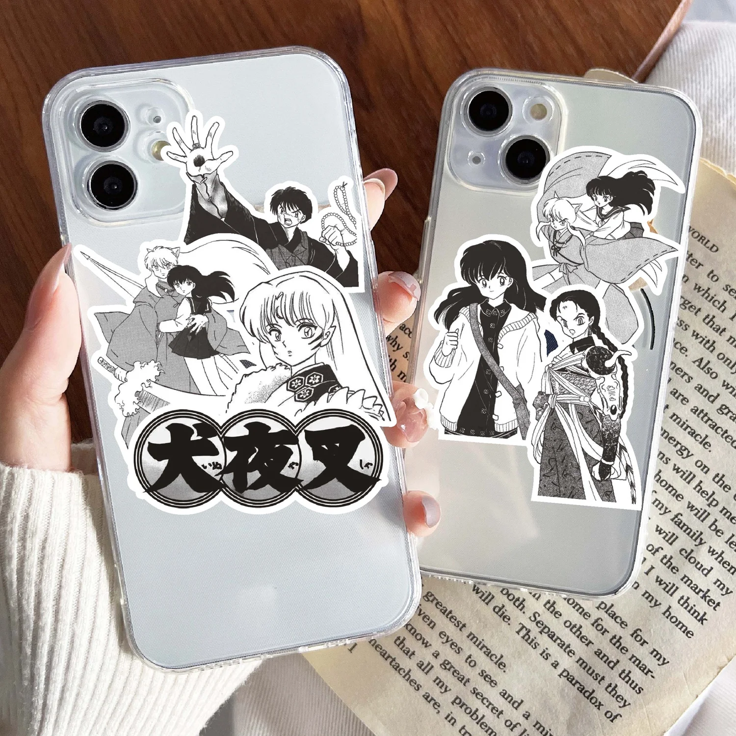Inuyasha stiker buku gambar hitam dan putih, stiker dekorasi buku pegangan grafiti papan luncur, cangkir air ponsel DIY 65 buah