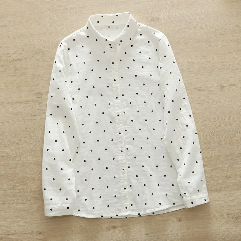 

Loose Fit Pure Cotton Long Sve Women's Base irt Japanese Artistic Cartoon Polka Dot Double Layer Cotton Gauze