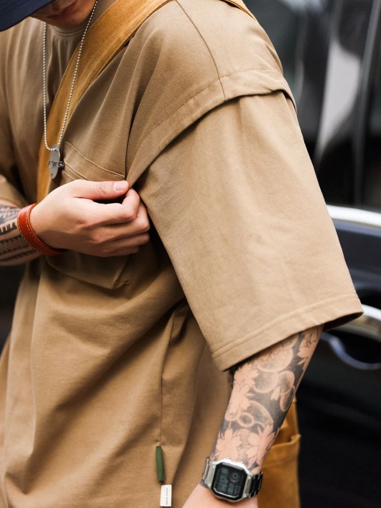 Men Causal Japanese Utility Tee - Vintage Washed Cotton w/ Chest Zipper Pocket & Layered Cuffs | Summer Mountain Core Essential