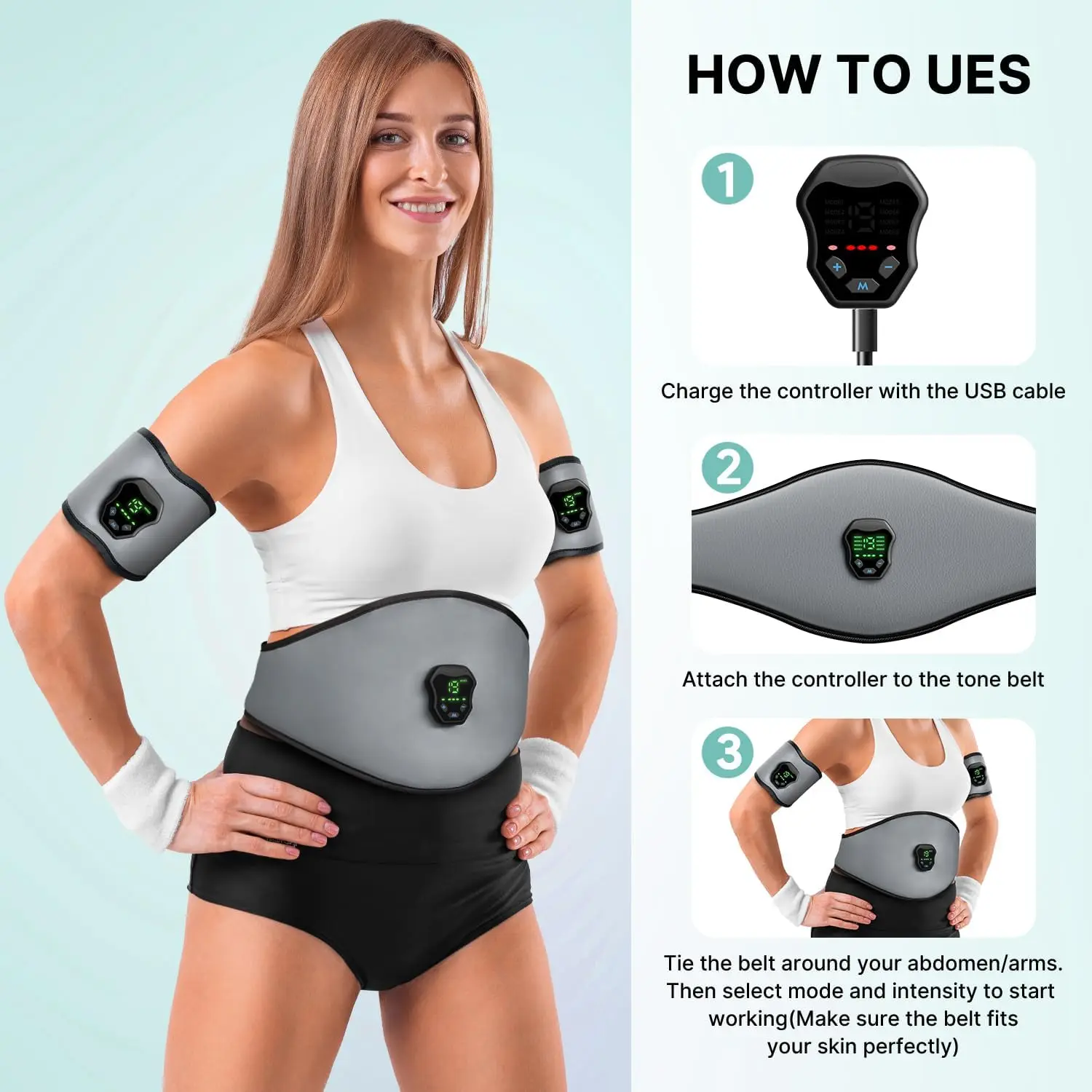 FitnBelt، محفز العضلات بالطاقة للاستخدام المنزلي، لتكييف العضلات باللون الرمادي