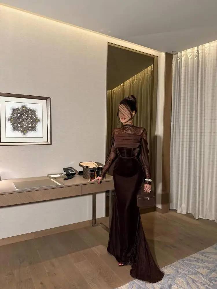 Jirocum luxo marrom renda sereia vestidos de noite com capa destacável, gola alta manga longa vestidos formais para gala casamento baile