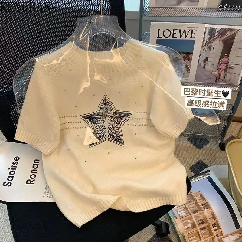 Hot Diamond Star Short Sleeve Sweater Women\'s Kntted T-Shirt 2023 Summer New O-Neck Pullover Sweaters Knitwear Tops Mujer Jumper