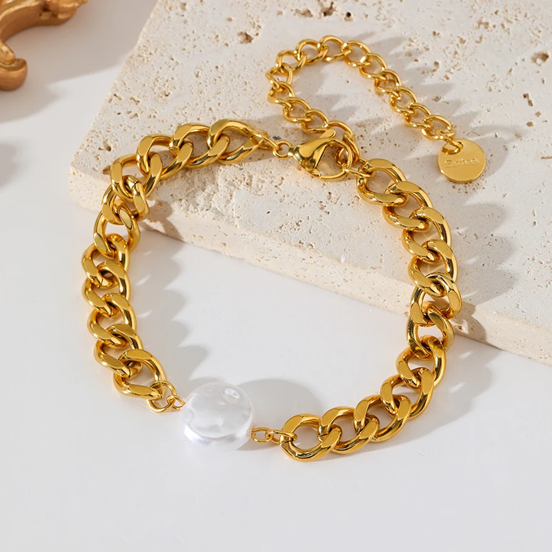 EILIECK 316L Edelstahl Statement Flache Perlenkette Armband für Damen Charm Goldfarbene Kette Schmuck Bijoux Schmuckset – Detail 15