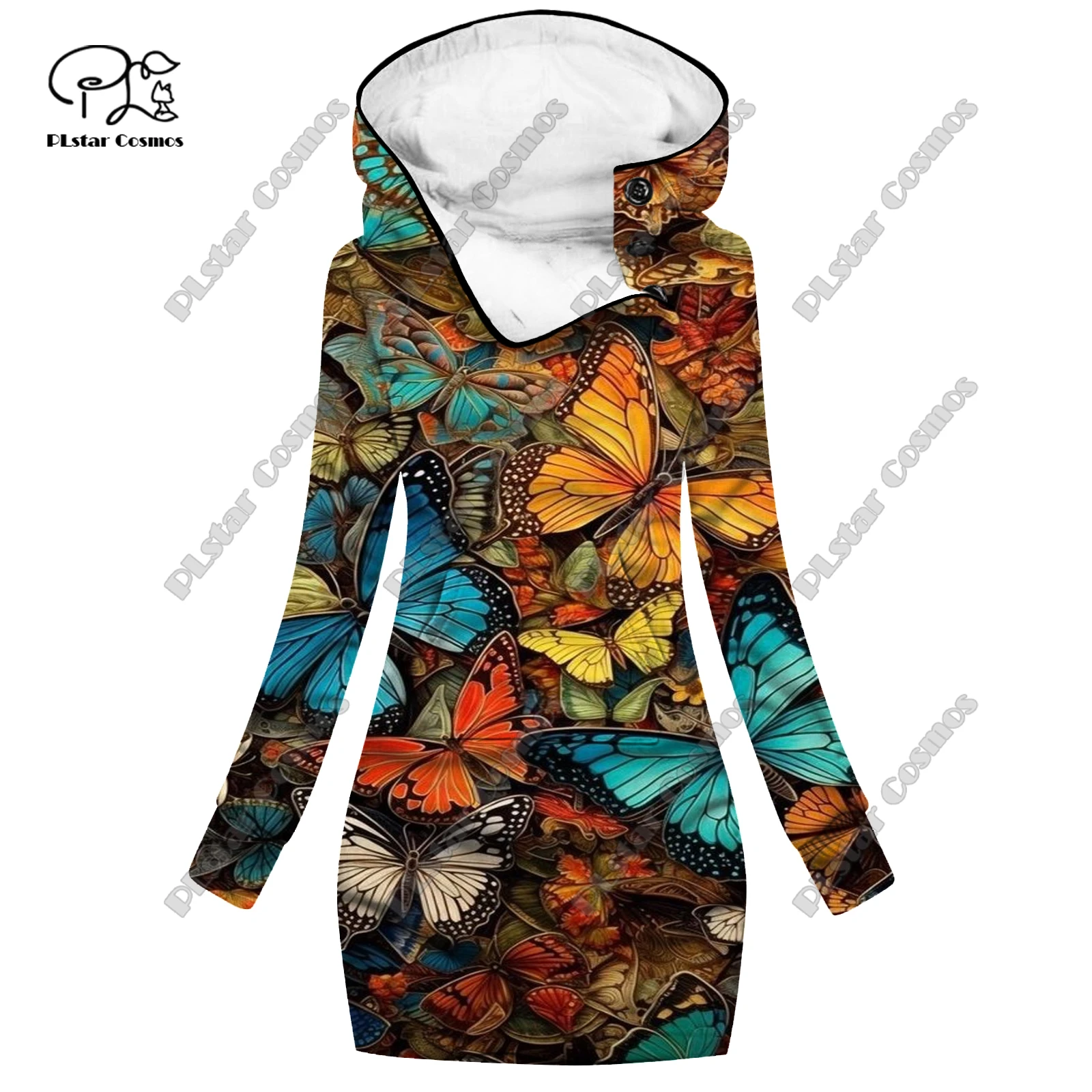 PLstar Cosmos 3D printing women's large pocket open-barrel sweater dress colorful butterfly pattern casual slimming series   H1