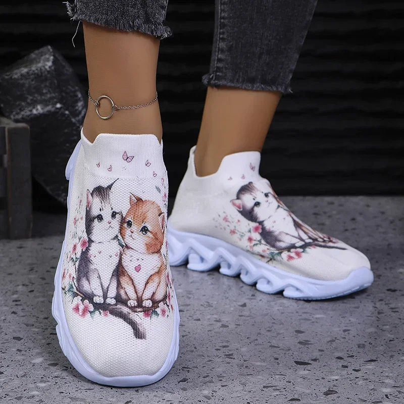 

Lucyever Cute Cat Printing Flats Shoes Women Autumn Slip On Breathable Mesh Sneakers Woman Plus Size Platform Loafers Ladies 43