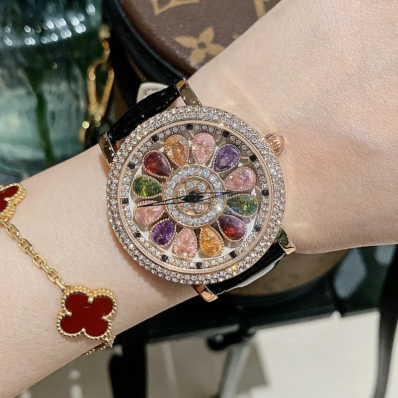 Relojes de esfera giratoria para mujer, reloj de cuarzo con diamantes de imitación, correa de cuero, reloj informal de lujo para mujer + caja, nuevo