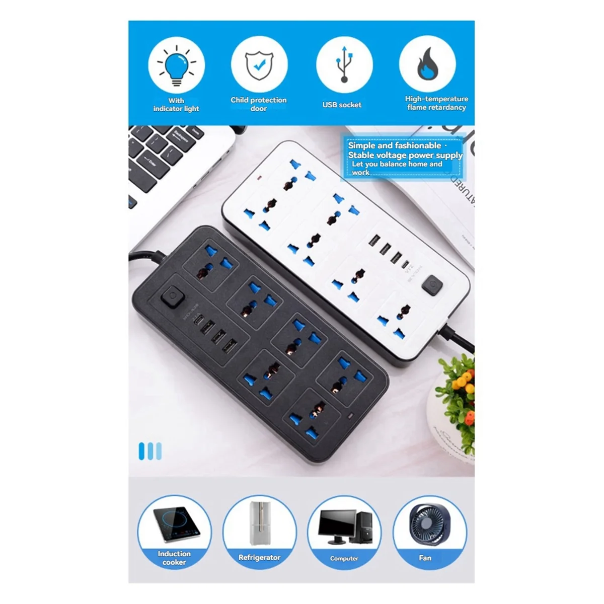 Soket Listrik Multi-Outlet Strip Daya Universal Steker AS Hitam