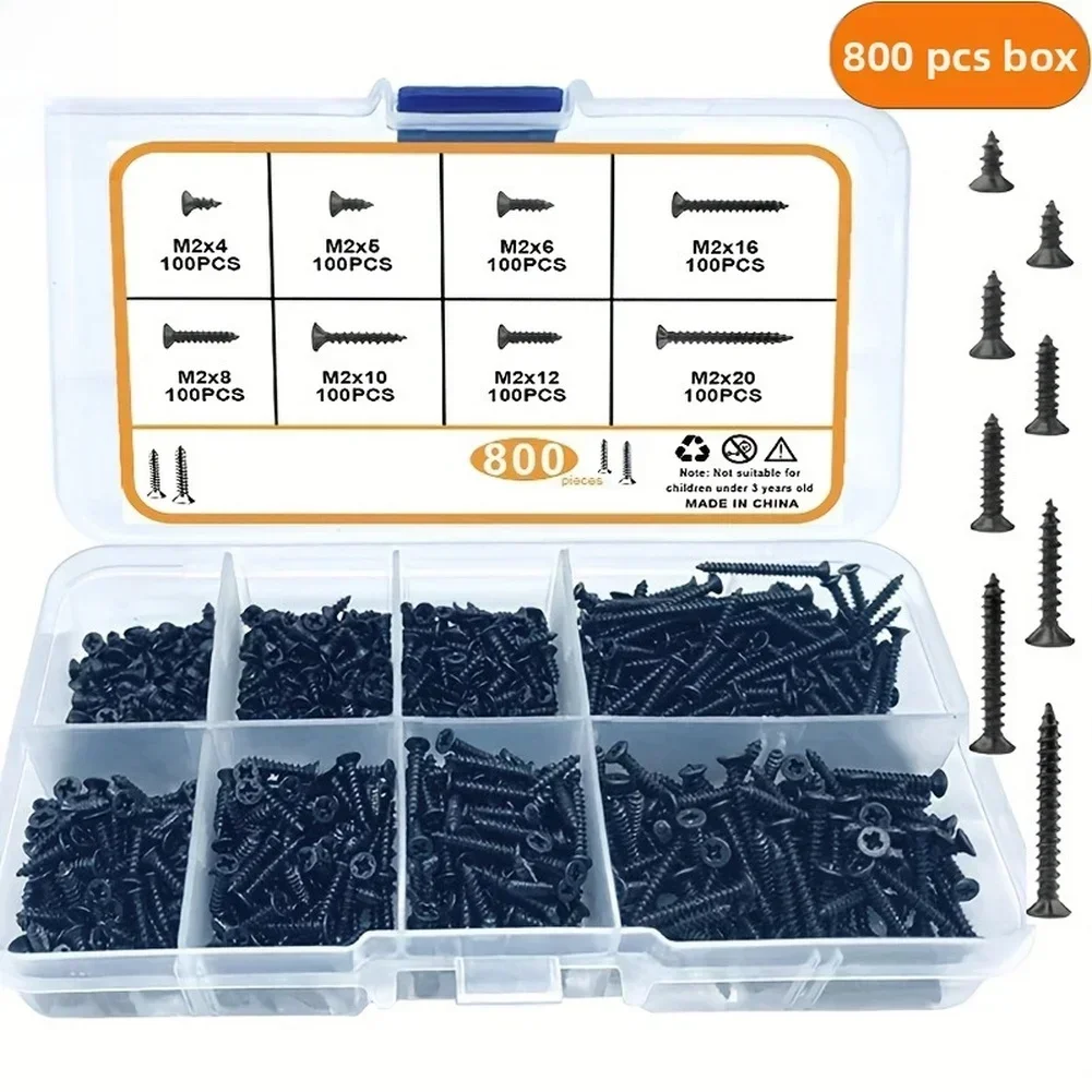 800pcs M2 Black Cross Countersunk Flat Head Self Tapping Screws For Computer Electronics Assembly Toys And Small Household