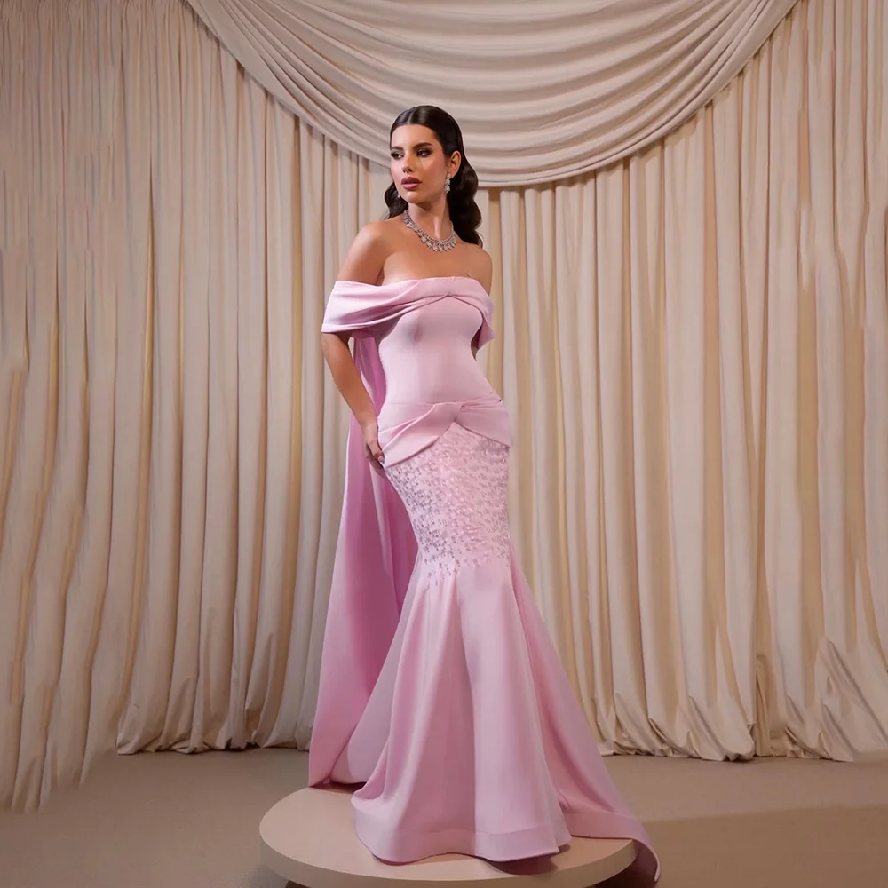 

Розовые вечерние платья для женщин с открытыми плечами и рюшами Вечернее платье русалки с драпировкой и скользящим шлейфом с открытой спиной Пром платья по индивидуальному заказу