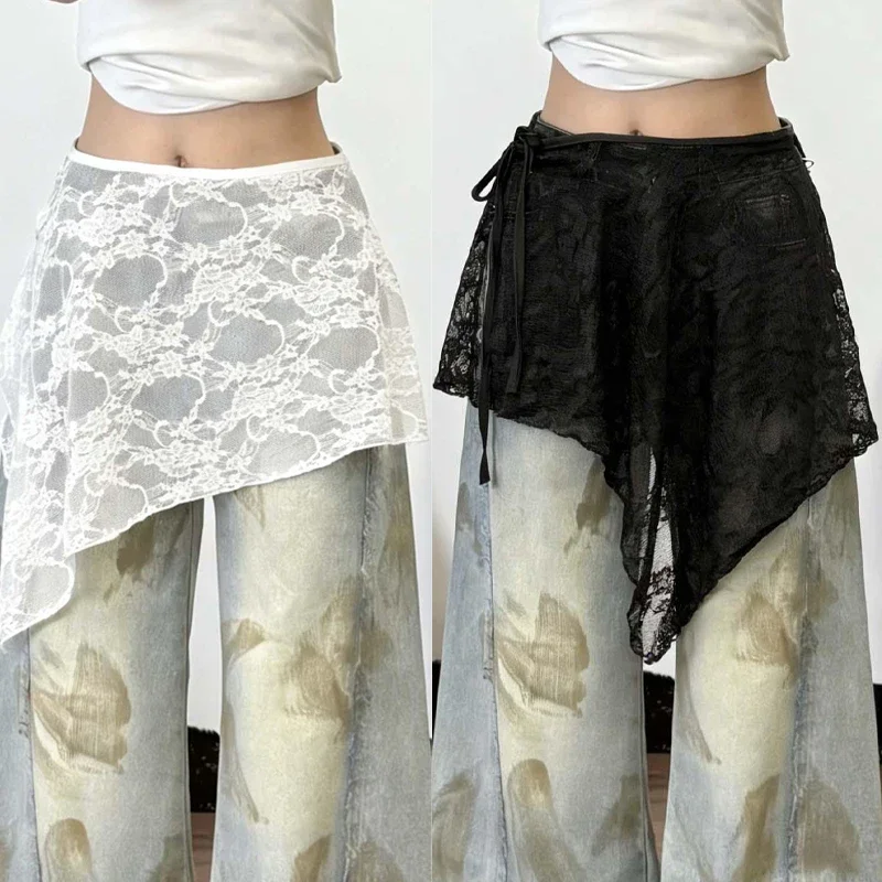 Vintage Flower Pattern Eyelash Lace Long Skirt Hip Scarf for Women Tie Up Aesthetic See Through Apron Covering Overskirt