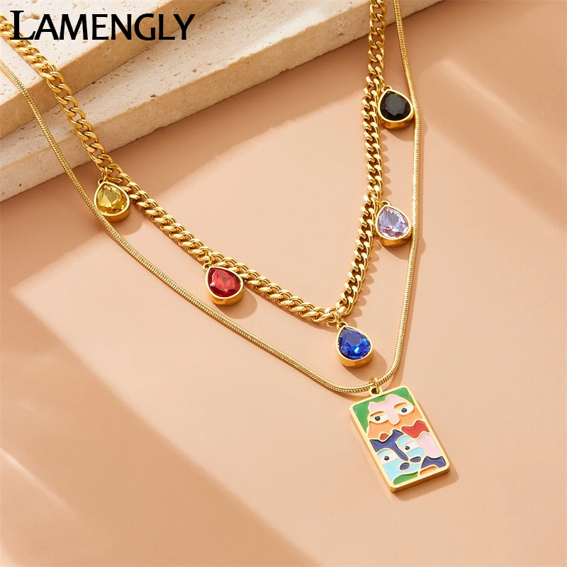 LAMENGLY High Quality316l Stainless Steel Double Chain Cartoon Anime Multicolored Rhinestone Pendant Necklace Women Jewelry Gift