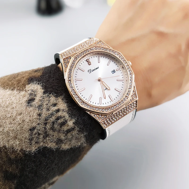 ساعة كوارتز نسائية أنيقة بأحجار الراين الملونة وحزام سيليكون أنيق ووجه دائري دقيق - إكسسوار عصري f