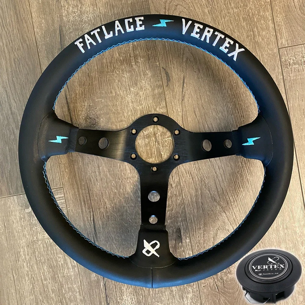 Vertex 13inch White Embroidery Black Genuine Leather Drift Sport Steering Wheels With Blue Stitching