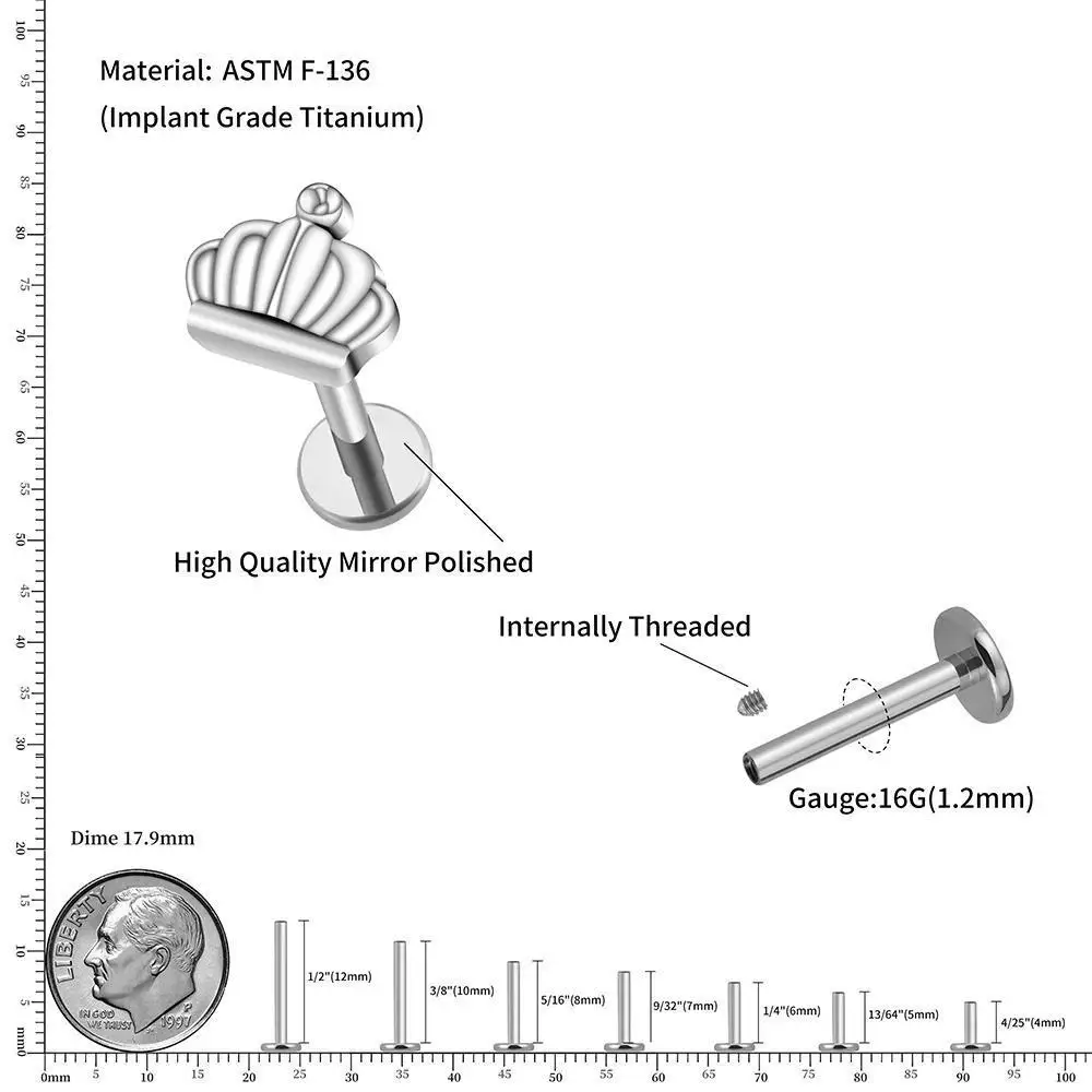 ASTM F136 التيتانيوم 16 جرام تاج صغير Labret الغضروف قرط الاذن المرصع اللولب محارة الزنمة شقة الظهر الأذن ثقب المجوهرات مع صندوق هدية