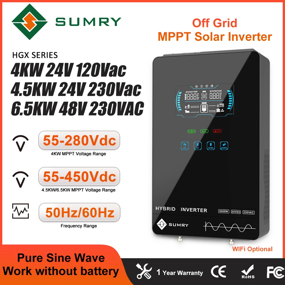 SUMRY 4KW 4.5KW 6.5KW  Off Grid Solar Inverter 24v 110/120v/230VPure Sine Wave MPPT Solar Charge 55-350VDC LCD Hybrid Inverter