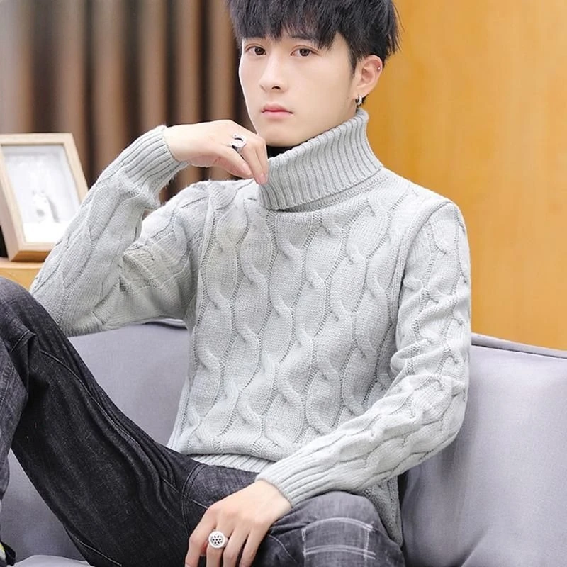 Men's Korean Style Slim Fit Turtleneck Solid Color Warm Knitted Sweater Fleece-Lined Trendy Base Layer Winter Thickened Pullover