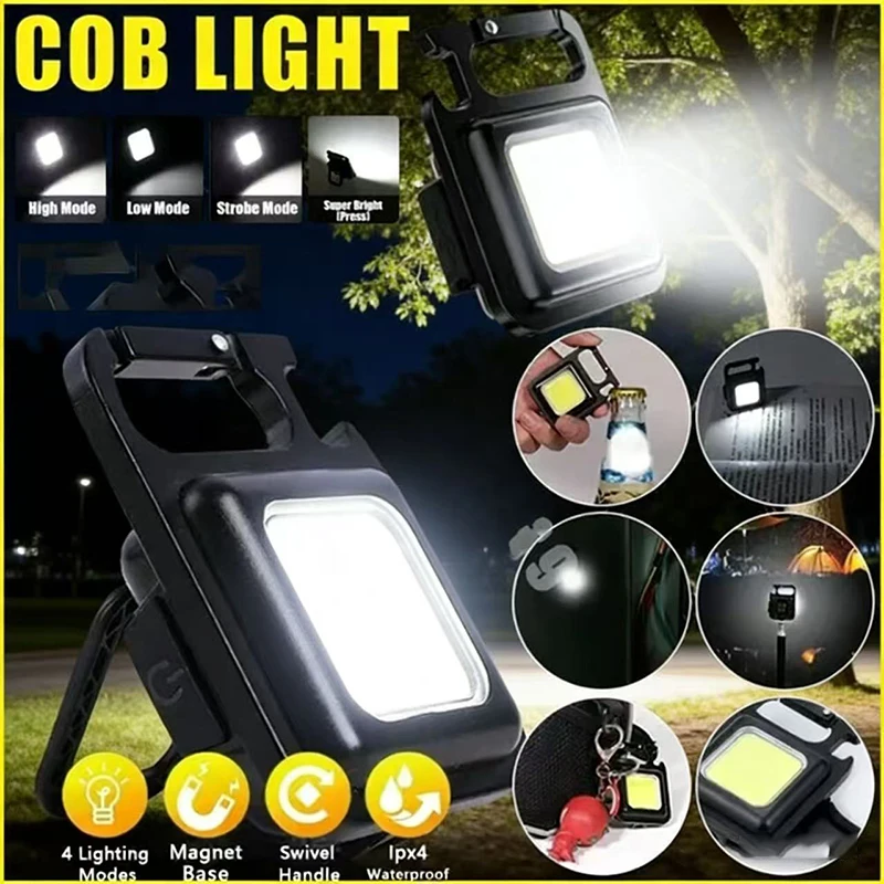 

COB Rechargeable Keychain Flashlight High Lumen Super Bright LED Work Light with Magnet,Clip,Bottle Opener