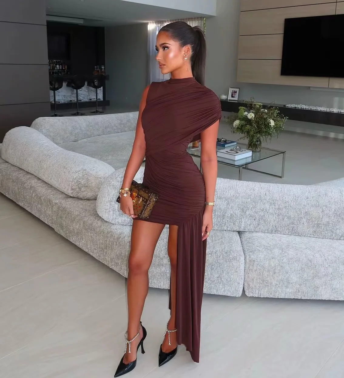 

Brown High Neck Short Cocktail Dresses 2025 One Shoulder Mini Length Woman Dress Elegant Ribbons Prom Dresses Ruched Customized