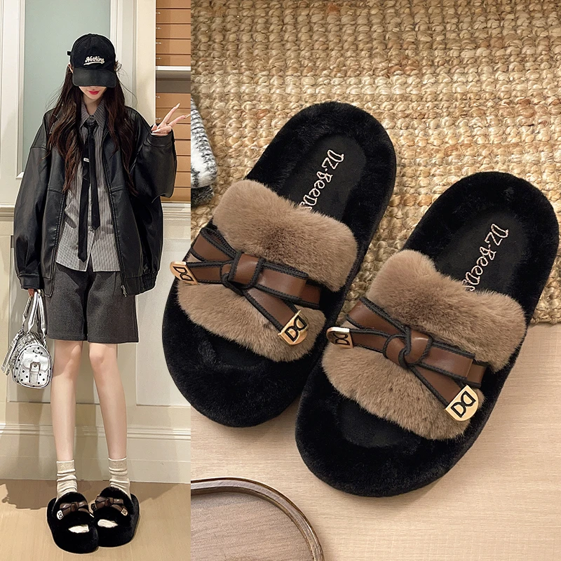 2026 Autumn Winter New Korean Style Women's Furry Slippers, Outdoor Wear Lazy Flat Plush Flip Flops, Home Cotton Slippers