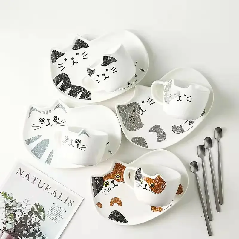 200ML Cartoon Creative Cat Ceramic Mugs Coffee Cups Dish Set with Tray and Spoon Cute Restaurant Afternoon Tea