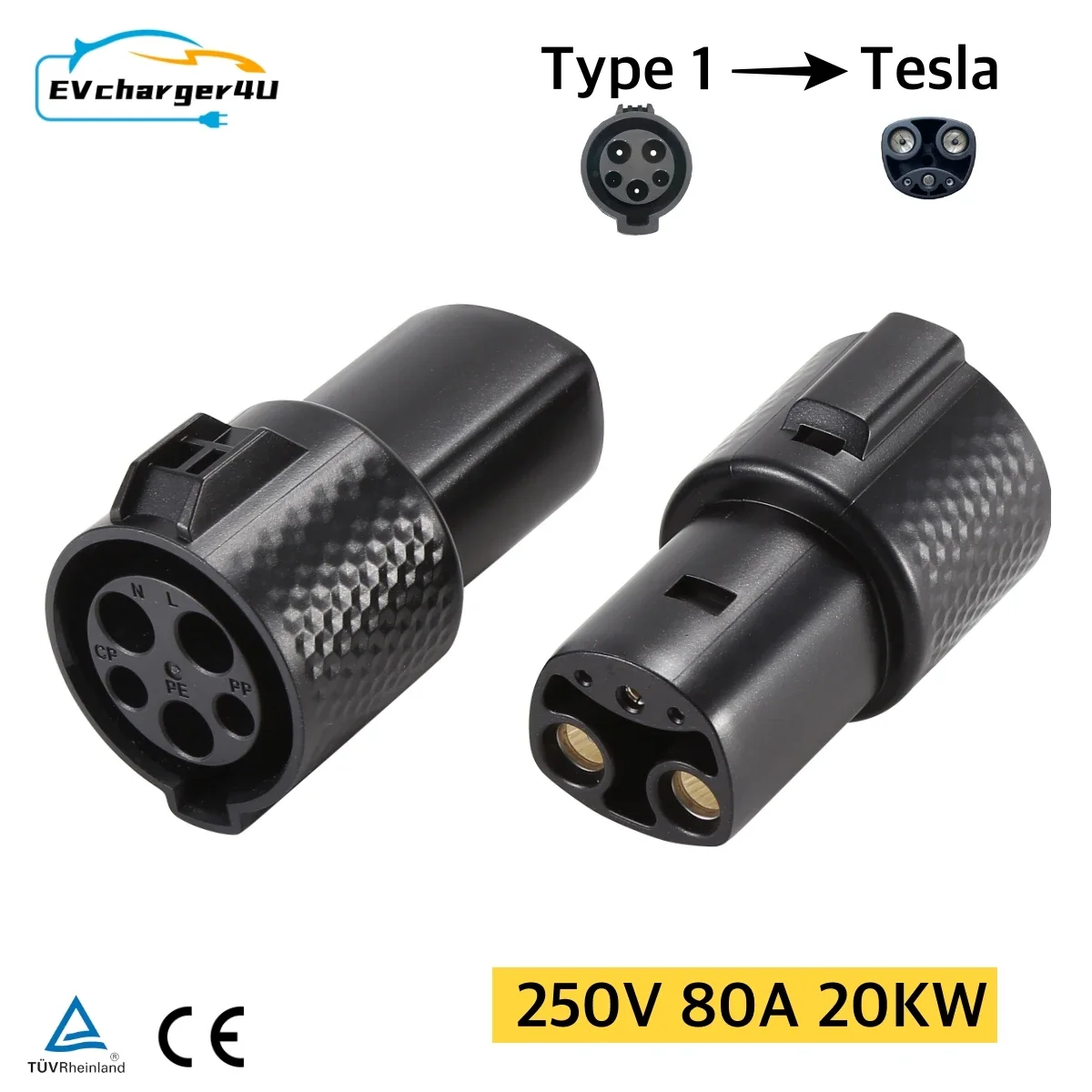 EVcharger4U SAE J1772 Type 1 Female to Tesla Male Adapter Convertor EV Charging Adaptor Compatible with Model S 3 X and Y