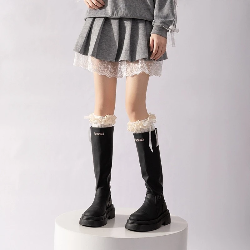 الخريف الشتاء الدانتيل Bowknot تدفئة الساق النساء لوليتا جوارب محبوكة الفتيات تدفئة الركبة جوارب طويلة غطاء للقدم الدافئة جوارب #2