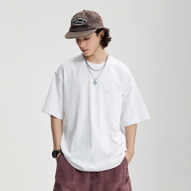 INFLATION Heavyweight Linen-Cotton T-Shirt with Rivet Pocket Design Loose-Fit Solid Color Short Sleeve Top Men