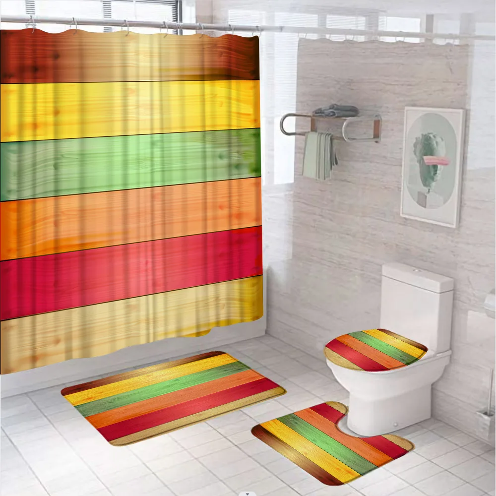 

4Pcs Shower Curtain Set with Rug Vintage Rainbow Wooden Board Non-Slip Soft Toilet Lid Cover Bathroom Retro Wood Grain Bath Mats