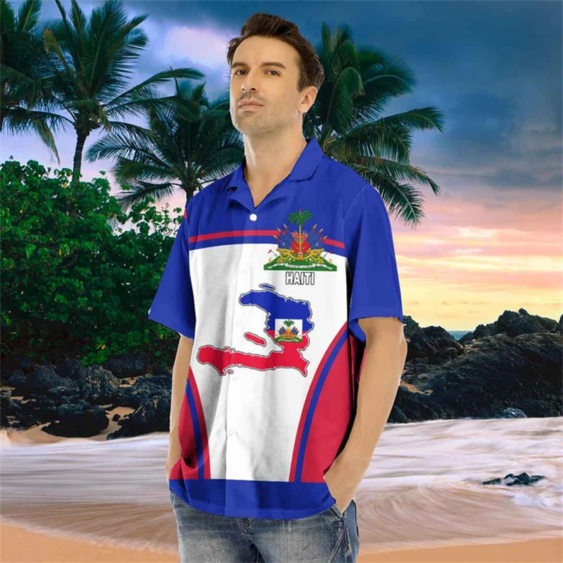 Flaga Haiti koszula 3D koszula hawajska mężczyzn letnie koszulka z krótkim rękawkiem męskie koszule 2024 Oversized 6XL koszula Streetwear luźne t-shirty ubrania