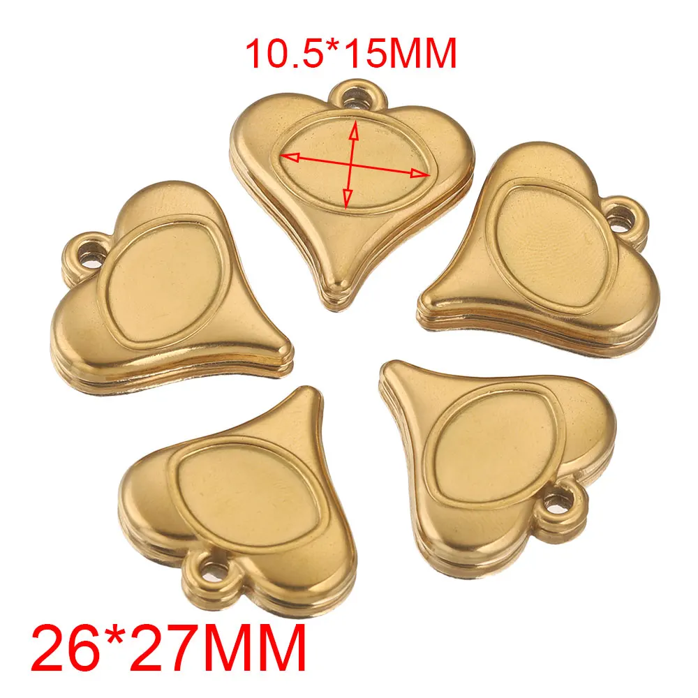 5pcs Stainless Steel Plated Gold Cartoon Heart Charms Pendant Blank Base Diy UV Resin Cameo Earrings Jewelry Making Supplies