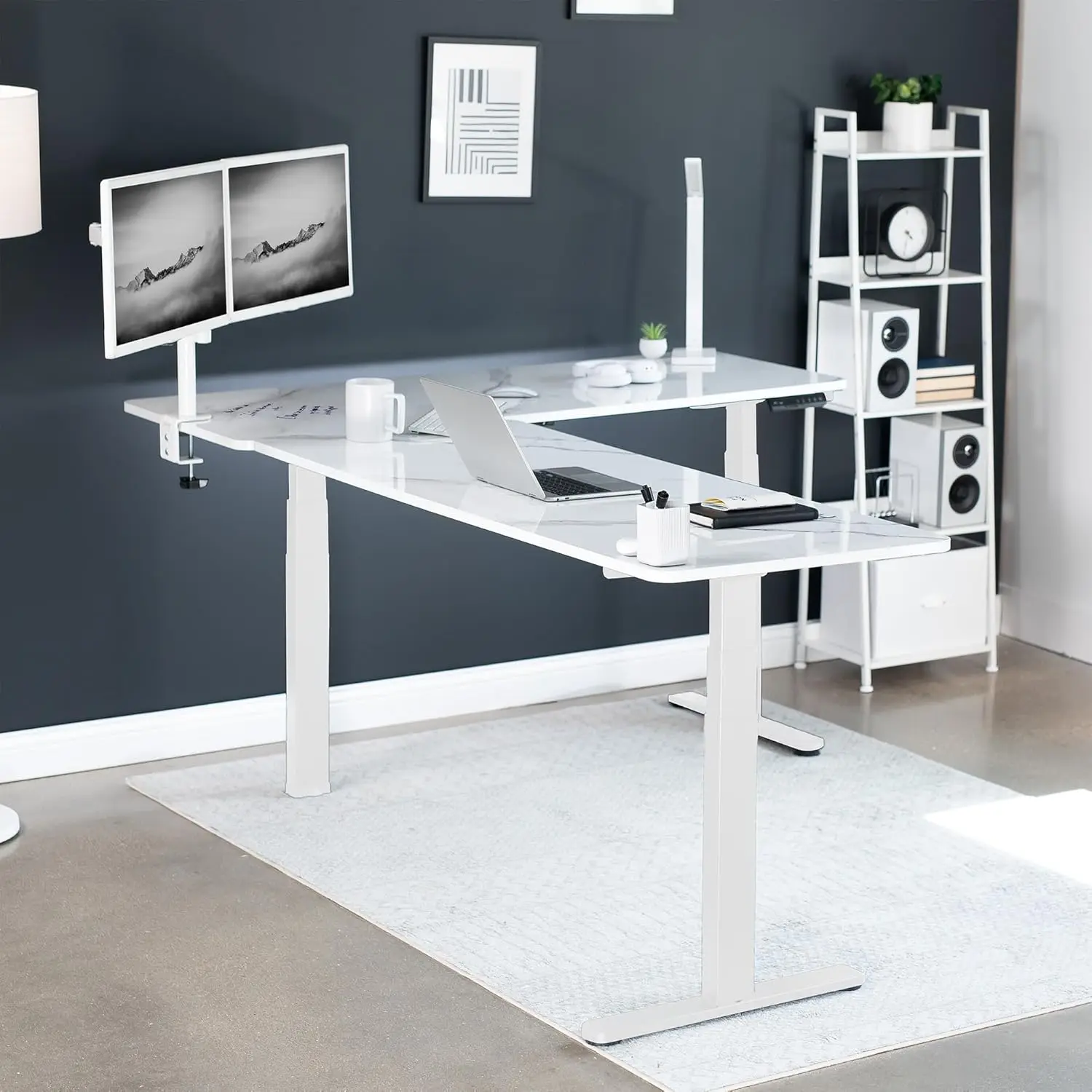 Electric Height Adjustable 83 x 60 inch Corner Stand Up Desk 2 White Marble Dry Erase Solid Table Tops White Frame