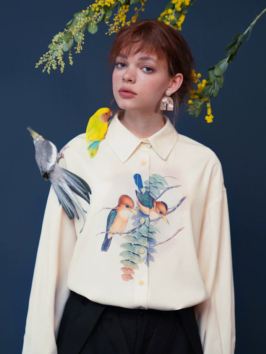 

Spring Autumn Original Design Women All-match Loose Oversized Cool Blue Birds Print Apricot Cotton Shirts/Blouses