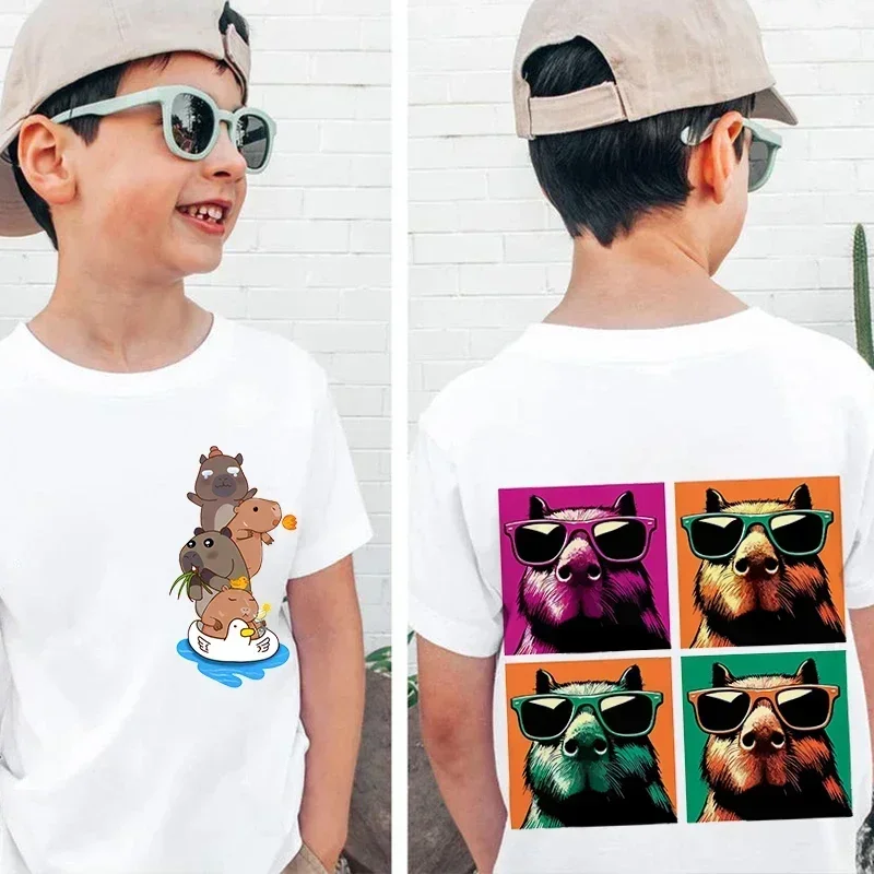 الصيف لطيف كابيبارا طباعة ملابس الأطفال الاطفال القطن تي شيرت أبيض قصير الأكمام الكرتون رداء علوي غير رسمي للبنين طفل المحملة