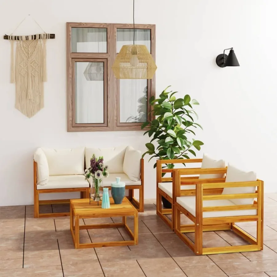 

5 Piece Patio Lounge Set with Cushion Cream Solid Acacia Wood