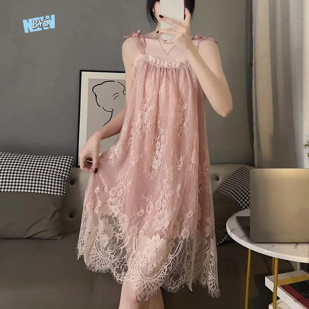 

Charming Lace Flower Suspender Nightdress Thin Ruffled Edge Sleep Dress Pajamas Loose Women Nightgown Nightwear
