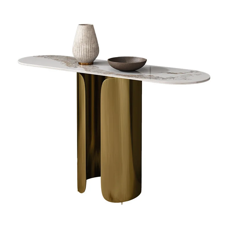 Simple aisle ultra-narrow stainless steel entrance table Italian light luxury rock slab entrance table against the wall